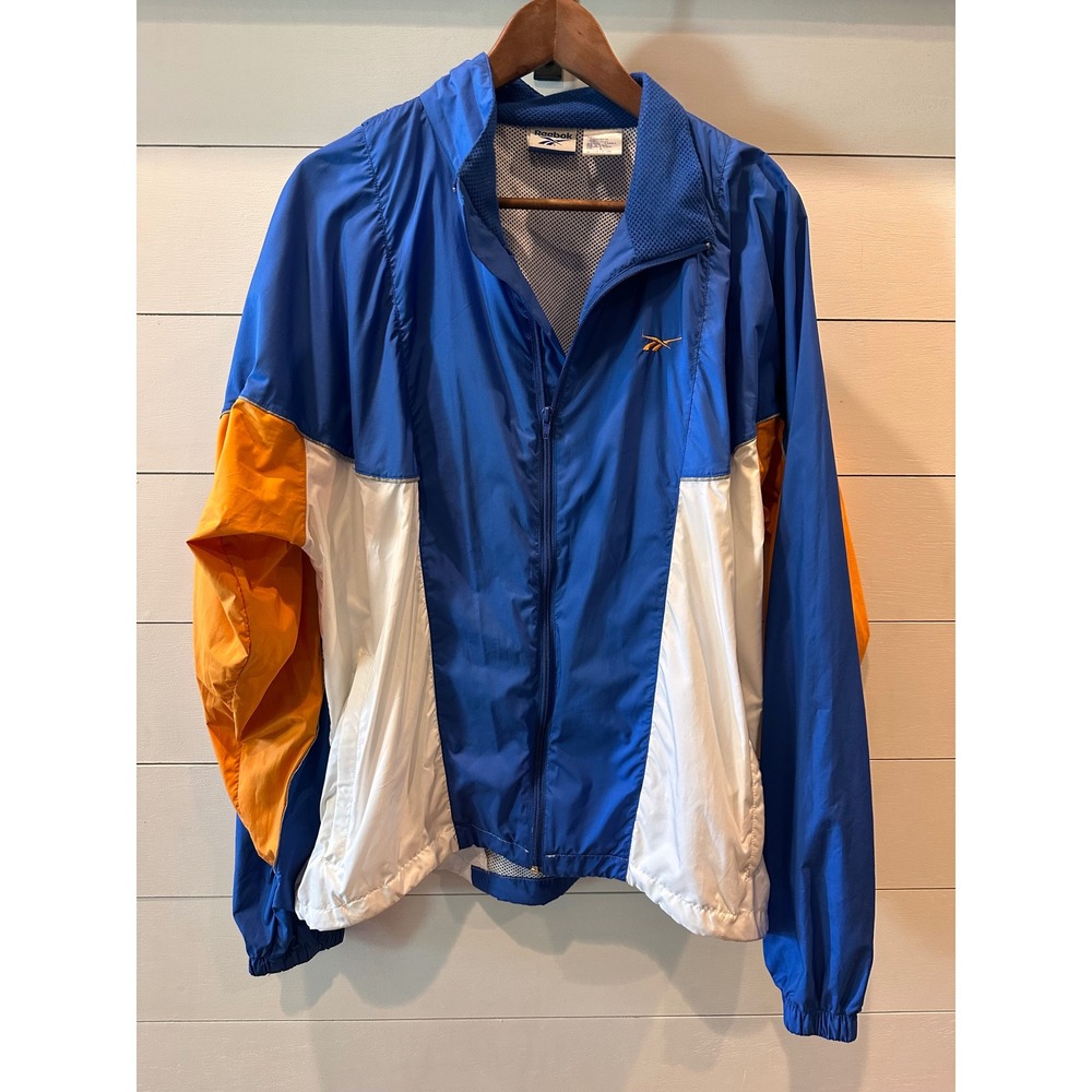 Vintage Reebok Windbreaker Jacket Blue Orange White Colorblock Mesh Lined Mens L